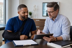 A provider reviewing records with a patient.