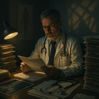 AI image of a provider looking concerned reviewing documentation