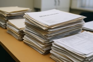 Stack of medical records and papers in folders.