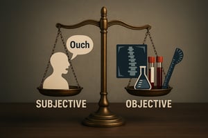 Realistic bronze justice scale with two balanced pans: left labeled "Subjective" showing a silhouette and speech bubble saying "Ouch", right labeled "Objective" with an X-ray film, blood test tubes, and a goniometer.
