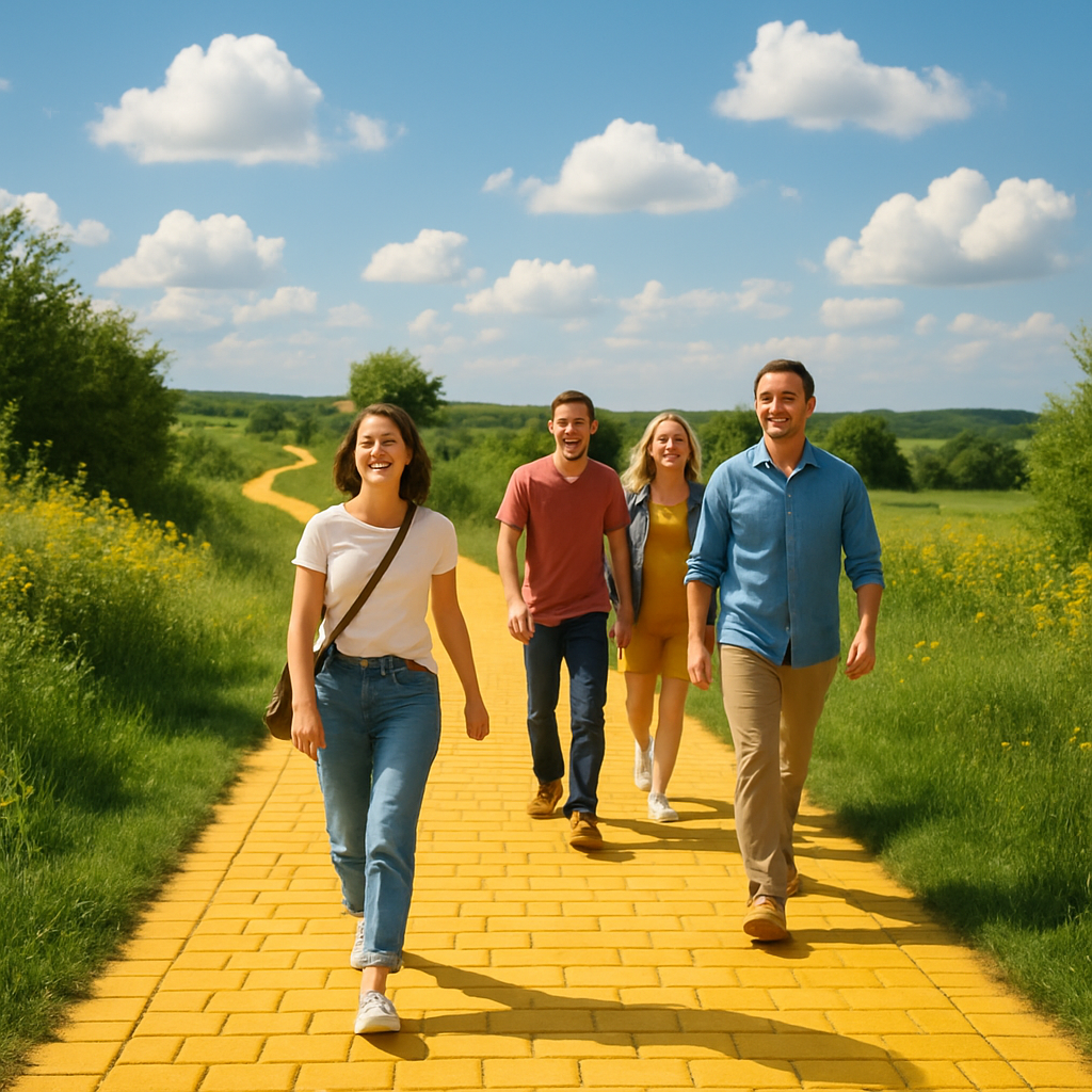 Happy smiling people walking down a sunlit yellow brick road.